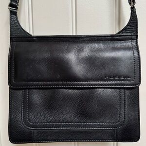 Fossil Black Leather Crossbody Bag with Wallet Compartment. 8.5” by 7” by 3”